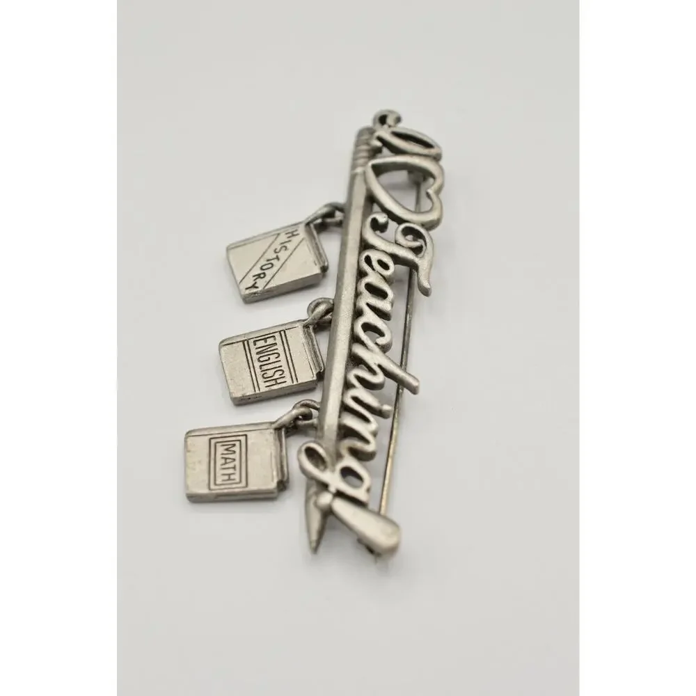 JJ Vintage Pin Brooch I Love Teaching Subjects Books Teacher Signed 1980s BinV